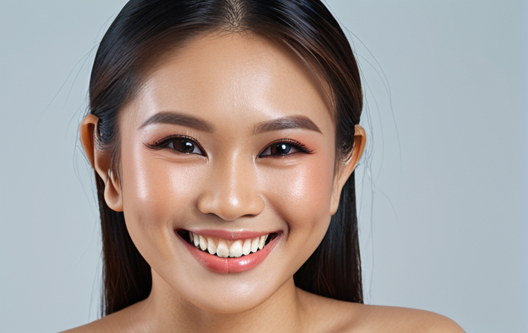 **Close-up portrait of a Thai woman smiling confidently, subtle and personalized makeup enhancing her features, soft studio lighting, showcasing "Personal Color" analysis with vibrant, flattering tones.**