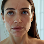 **Prompt:** Close-up of a woman's face illuminated by a Smart Mirror, displaying skin analysis data (hydration levels, wrinkles). Soft, diffused lighting. Focus on the mirror's screen and the woman's thoughtful expression. Modern bathroom setting in the background.