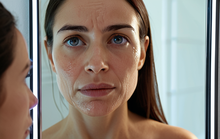 **Prompt:** Close-up of a woman's face illuminated by a Smart Mirror, displaying skin analysis data (hydration levels, wrinkles). Soft, diffused lighting. Focus on the mirror's screen and the woman's thoughtful expression. Modern bathroom setting in the background.